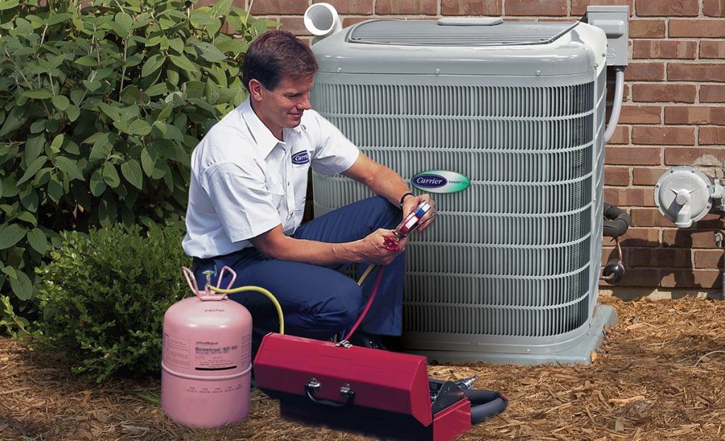 Technician Checking Gauges Pink Propane Tank And Red Toolbox Outdoor Air Conditioner Unit